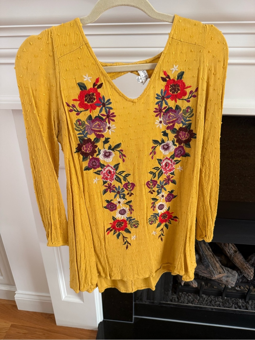 Umgee Mustard Long-Sleeve V-Neck Dress with Floral Embroidery